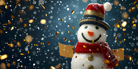 The Snowman In Smiling Wearing A Hat And Scarf, It is snowing. Winter New Year and Christmas scene, generative ai