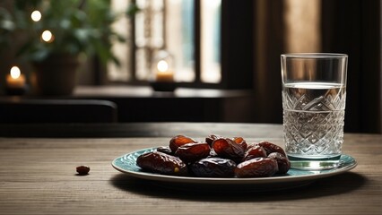 dried dates fruit and nuts with a glass of water