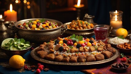 Holy Ramadan table of food setting with candles