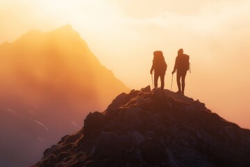 two hikers on a mound with backpack, in the style of photorealistic surrealism, cold and detached atmosphere , goldern hour light effect, mountainous vistas, high definition, dark gray and light