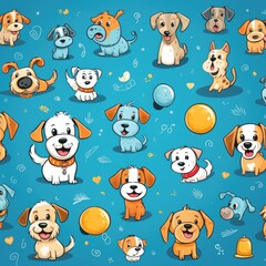 Dogs, pattern of funny cartoons on colored backgrounds, illustration for graphic design of children's themes and stories