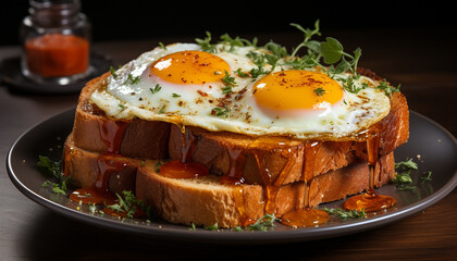 Gourmet meal grilled pork on toasted bread, healthy and fresh generated by AI