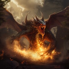 Dragon spitting fire, high quality - obrazy, fototapety, plakaty