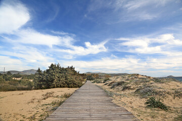Wooden path among bushes, leading to the beautiful sandy beach of Agios Prokopios, in Naxos island,...
