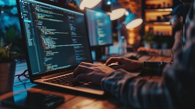 Focused Developer Typing Code on Laptop in Modern Office Environment at Night