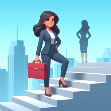 Businesswoman in Suit Climbing Stairs of Success with Briefcase. 3D Cartoon Clay Illustration.