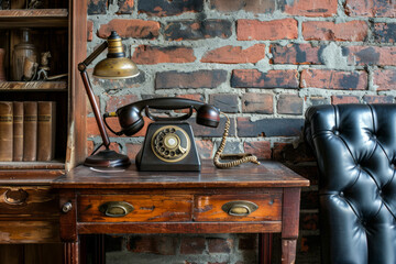 Vintage Telephone on Old Desk with Brick Wall