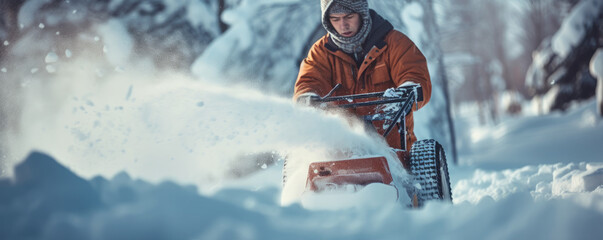 A man clears snow from the sidewalk with a snow blower. Amazing snowy background
