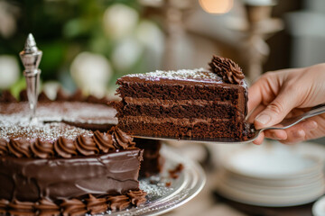 A slice being served from a Chocolate Cake