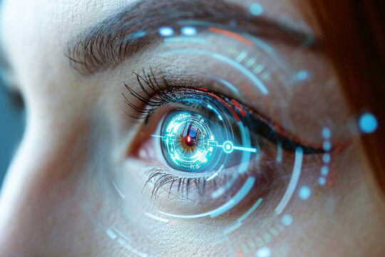 Close up of woman eye in process of scanning. Identification Business Internet Technology