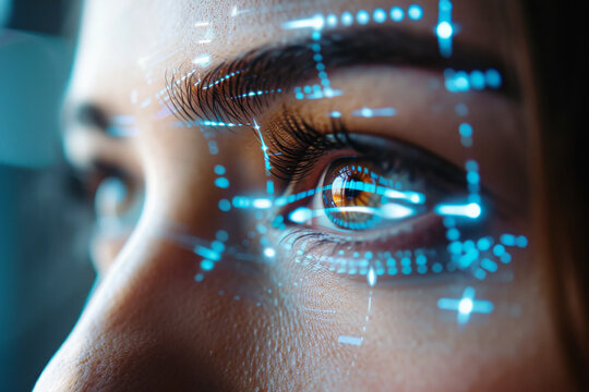 Close up of woman eye in process of scanning. Identification Business Internet Technology