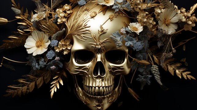 A luxurious golden mask with feathers on a black background