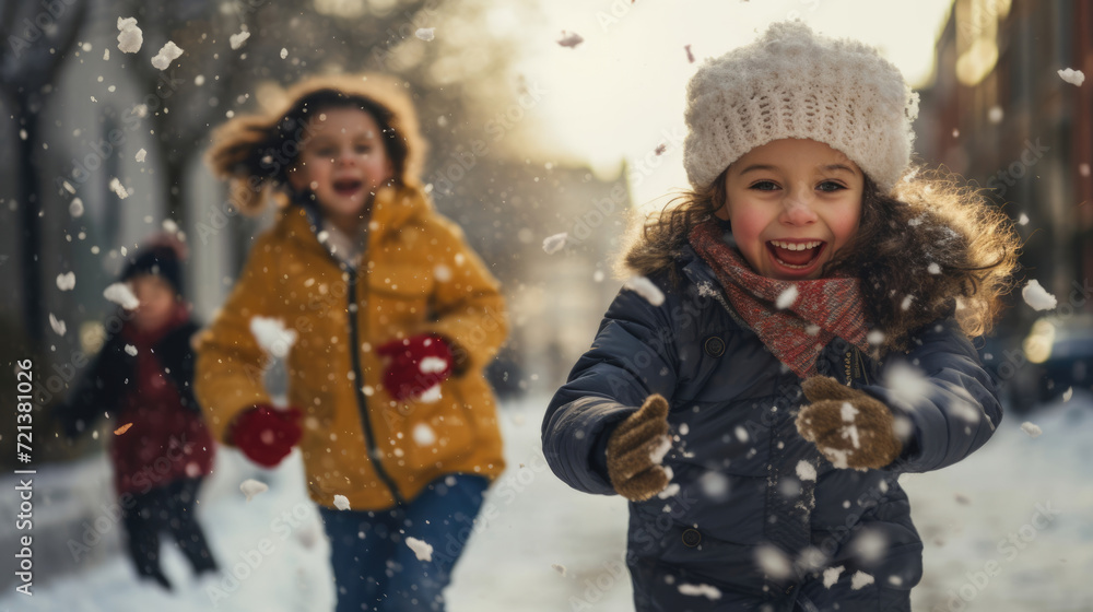 Wall mural Children in Europe enjoy a playful snowball fight on the way to school in winter