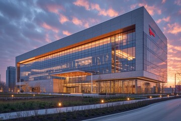 Obraz premium A modern office building with a glass facade reflecting the sky