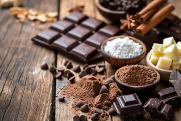 Chocolate with ingredients on wood background