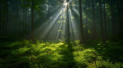 Obraz premium Sunlight filters through lush trees, creating a magical green forest scene.