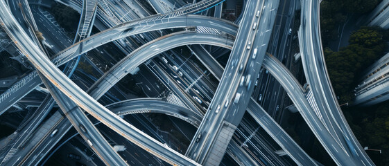 A complex web of highways intertwines seamlessly, a testament to intricate urban planning and connectivity - obrazy, fototapety, plakaty