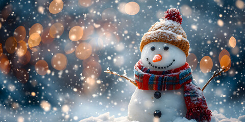 The Snowman In Smiling Wearing A Hat And Scarf, It is snowing. Winter New Year and Christmas scene, generative ai