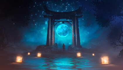 Fantasy night landscape with torii gate, samurai silhouette, blue neon, magical glow, lanterns on the water, fog, stars. 3D illustration