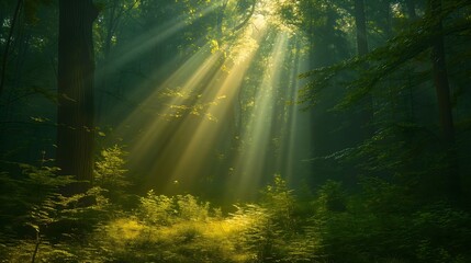 Serenity meets brilliance in this image of sunlight dancing in the green woods. - obrazy, fototapety, plakaty