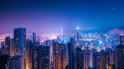Großstadt mit Hochhäusern mit vielen Lichtern bei Nacht aus der Luft Generative AI