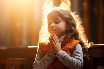 Young baby girl pray in church Christian life crisis prayer to god. Children Hands praying to god with bible on sunlight glare. - obrazy, fototapety, plakaty