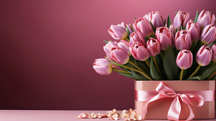 Bouquet of Pink Tulips And Gift Box Background Copy Space