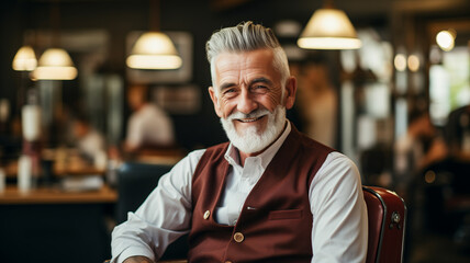 Barber shop for social pensioner, happy hipster elder man with haircut in retro barbershop background. - obrazy, fototapety, plakaty