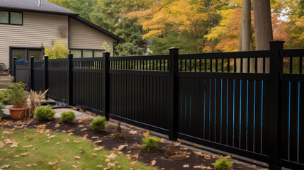 Modern metal fence for fencing the yard area. Horizontal sections of the fence made of metal