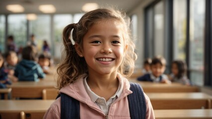 Close-up high-resolution image of a happy student in a modern classroom with friends.