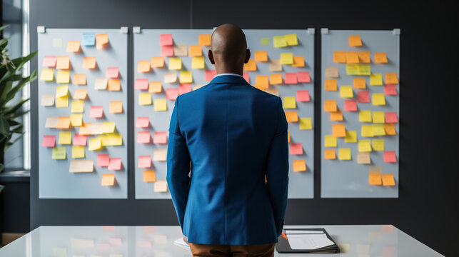 Executive man contemplating project plans on sticky note board.