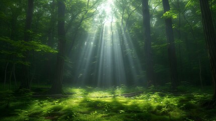 Nature's brilliance unfolds as sunlight bathes a verdant forest in warmth. - obrazy, fototapety, plakaty