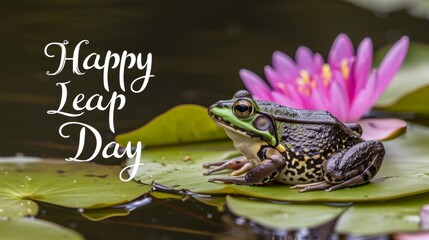 Leap day, 29 February 2024 greeting card with Green Frog and Happy Leap Day text. Leap year, one extra day.