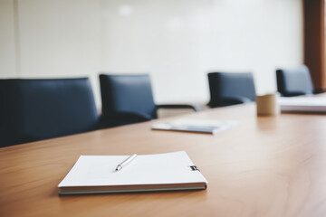 Meeting for company banner, Open notebook with pen on polished boardroom table, empty office chairs behind blur background