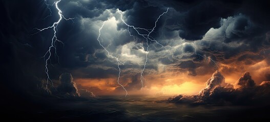 A brooding abstract background dominated by dark storm clouds, rain, and thunder.