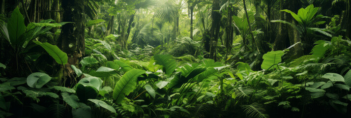 Fototapeta premium Sunlight filters through dense jungle, illuminating natural path, banner Realistic nature rainforest.