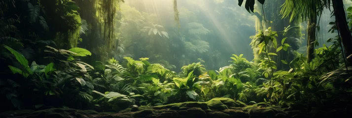Foto op Aluminium Background Deep forest tropical jungles of Southeast Asia with fog. Mystical amazon banner fantasy backdrop, Realistic nature rainforest © Adin