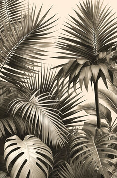 Boho wallpaper, Vintage botanical illustration of tropical leaves, close-up