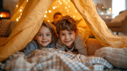 Kids building a fort with cushions and blankets, creating a playful atmosphere in the living room, [A strong happy family with children spending time together in their large bright - obrazy, fototapety, plakaty