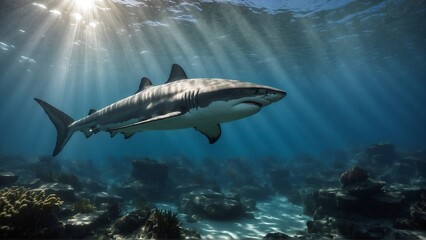 Obraz premium A stealthy shark glides through the ocean depths, its silhouette a haunting presence in the serene underwater world, embodying the mystery of the sea.