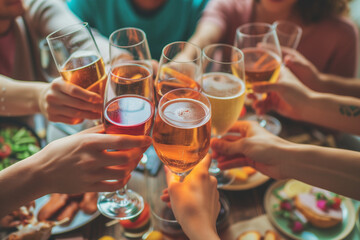 groups of friends are toasting with glasses of wine and beer, celebrating together in cheerful social gatherings - obrazy, fototapety, plakaty