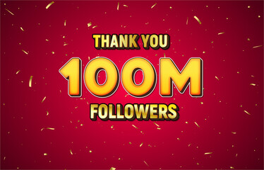 Golden 100M isolated on red background with golden confetti, Thank you followers peoples,1M online social group, 100M