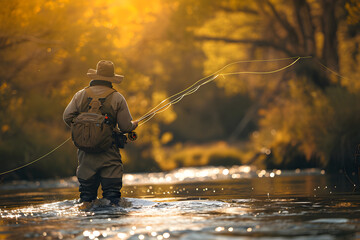 Fly Fisherman Fishing with Tackle Upstream