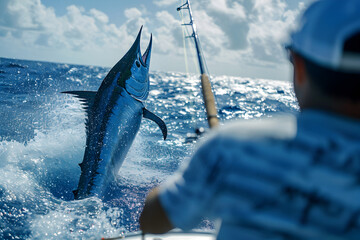 Man on Boat Catching Blue Marlin on Fishing Adventure