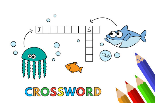 Cute animals crossword with shark, fish and jellyfish. Vector illustration for children education