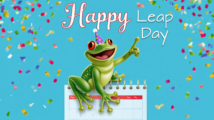 Leap day, one extra day, Leap year 29 February 2024 illustration. Cute Green Frog with calendar and text One Extra Day.