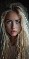 Fototapeta premium Blonde Girl with Long Blond Hair and Blue Eyes looks into Camera - Urban Edge Style with Black and Gray Selective Focus - Blonde Woman Background created with Generative AI Technology