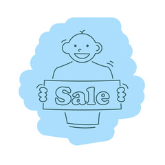 Man with Sale banner. Funny character design. Vector illustration in trendy linear cartoon style