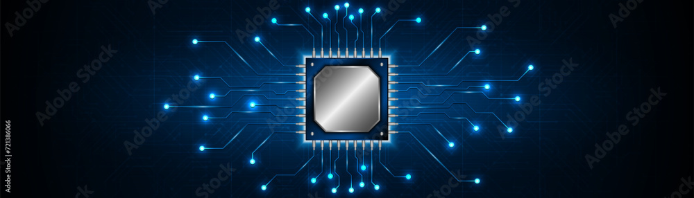 Leinwandbilder Microchip processor circuit board technology on dark blue background. Information Processing Concept. Circuit board hi-tech technology background. vector illustration	