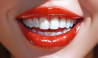 Beautiful women smile with white teeth. Woman's mouth with red lipstick.	